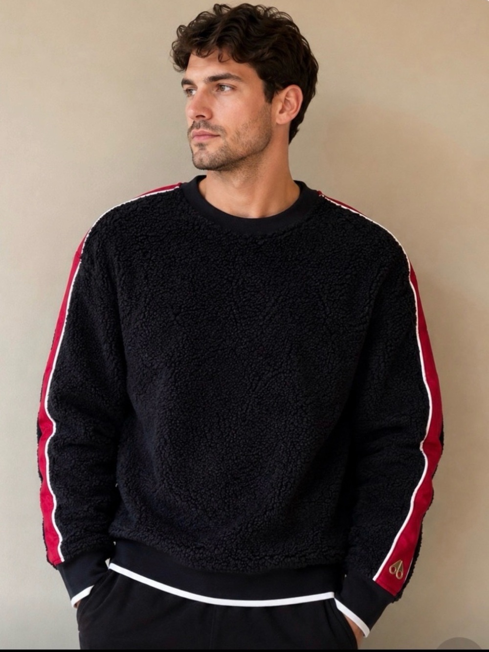 NWT - Moose Knuckles Black Sherpa Crewneck with Red & White Sleeve Stripes
